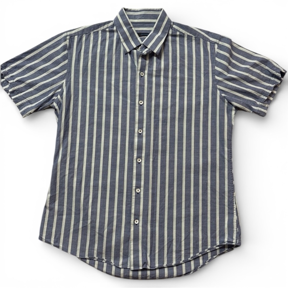 Zachary Prell Blue and Cream Striped 100% Cotton Short-Sleeved Button Down Shirt